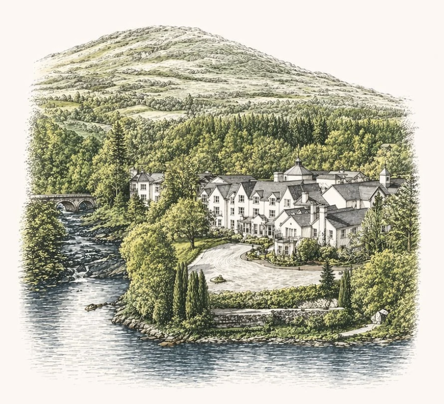 An illustration of Sheen Falls Lodge beside the Sheen River, with wooded hills rising behind it